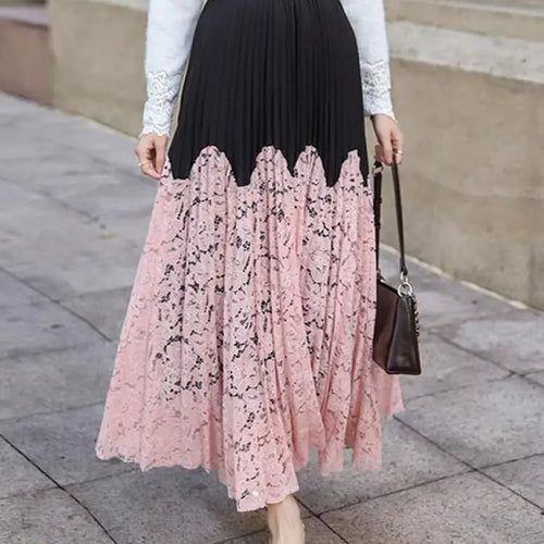 Load image into Gallery viewer, Autumn Winter French Vintage Black White Patchwork Lace Long Skirt Women&#39;s 2024 Sweet Pink Elegant High Waist Pleated Skirt Chic
