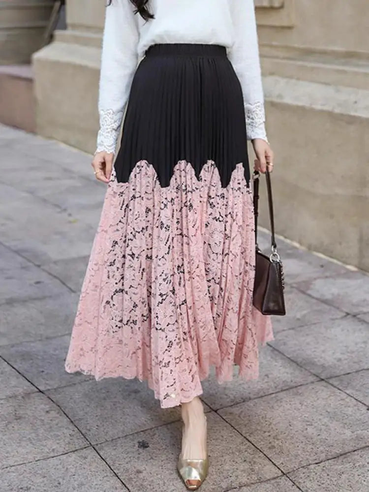 Autumn Winter French Vintage Black White Patchwork Lace Long Skirt Women's 2024 Sweet Pink Elegant High Waist Pleated Skirt Chic