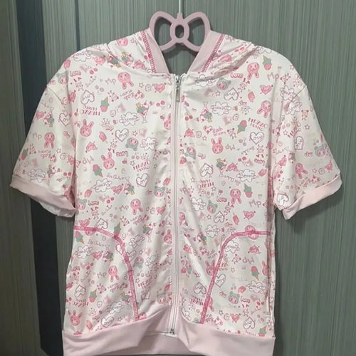 Load image into Gallery viewer, Japanese Kawaii Cartoon Print Summer Thin Short Sleeve Coat Women Vasual Cute Hooded Jacket Y2k Aesthetic Sweet Grunge Outwear

