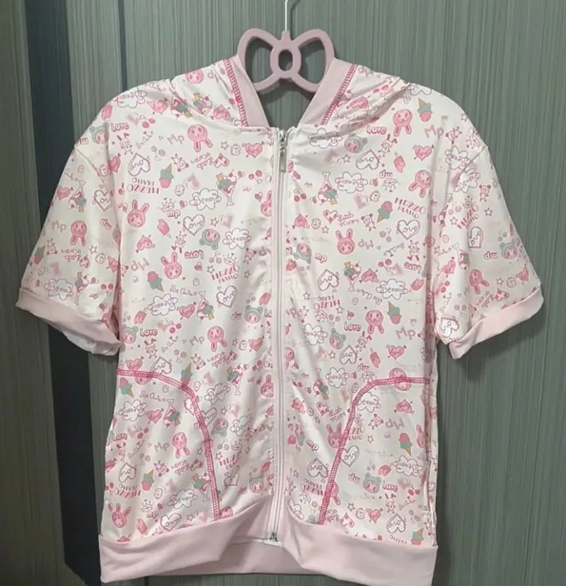 Japanese Kawaii Cartoon Print Summer Thin Short Sleeve Coat Women Vasual Cute Hooded Jacket Y2k Aesthetic Sweet Grunge Outwear