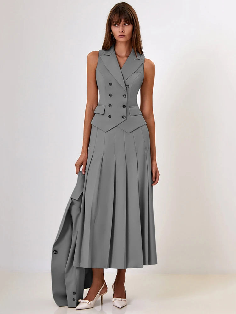 Autumn Two Piece Sets Women Double-breasted Vest And Split Skirt Matching Sets Fashion Long Pleated Skirt Two Piece Set
