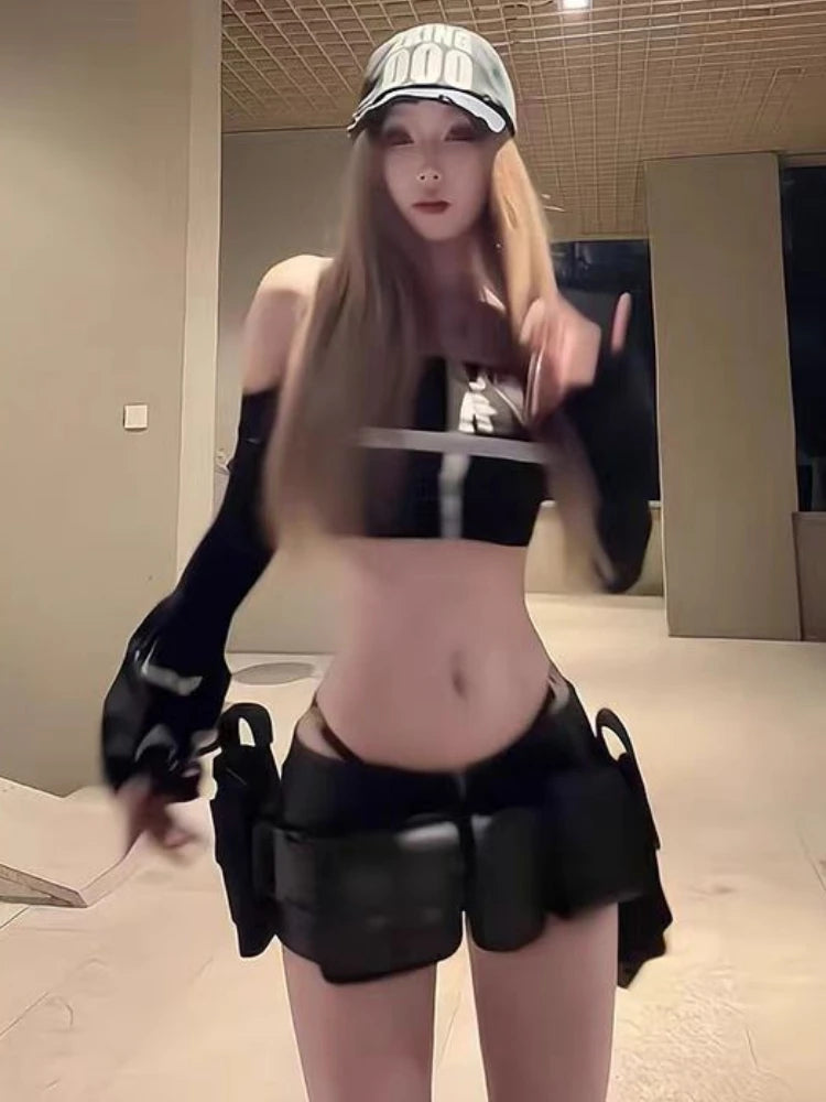 Sexy Cross Patchwork Cropped Tops Vintage Grunge Letter Print Flare Sleeve T-shirts Y2k Aesthetics Black Streetwear Punk Tees