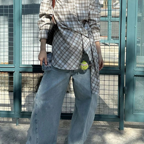 Load image into Gallery viewer, Women Blue Plaid Bandgae Casual Big Size Long Blouse New Lapel Long Sleeve Shirt Fashion Tide Spring Autumn 2025 1DH9771
