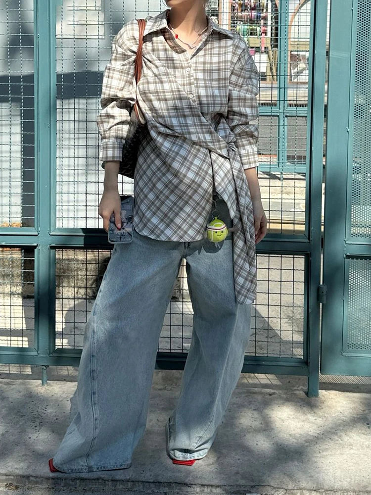 Women Blue Plaid Bandgae Casual Big Size Long Blouse New Lapel Long Sleeve Shirt Fashion Tide Spring Autumn 2025 1DH9771