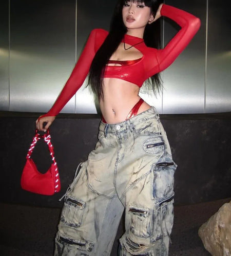 See Through Slim Women Hollow Out Harajuku T-shirt Sexy Y2k Aesthetic Mesh Harajuku Red Tshirts Streetwear Red Grunge Crop Tops