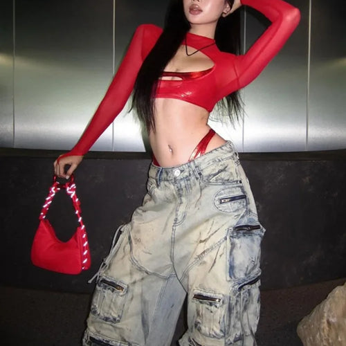 Load image into Gallery viewer, See Through Slim Women Hollow Out Harajuku T-shirt Sexy Y2k Aesthetic Mesh Harajuku Red Tshirts Streetwear Red Grunge Crop Tops
