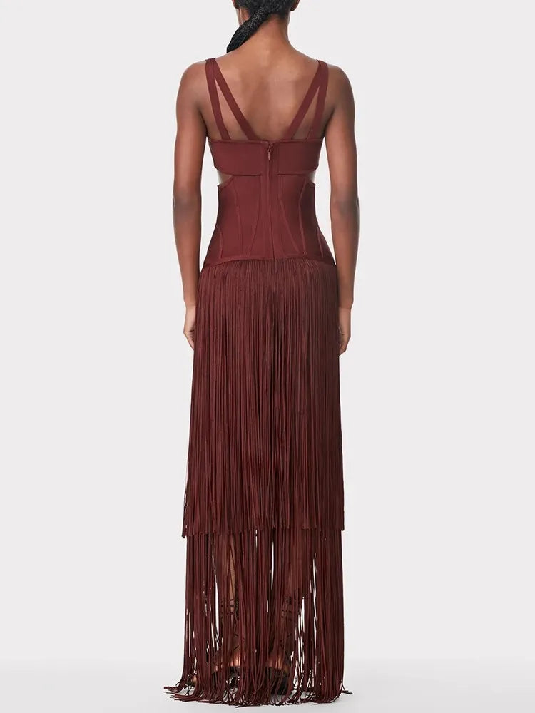 Spliced Tassel Sexy Hollow Out Dresses For Women V Neck Sleeveless High Waist Slimming Solid Camisole Dress Female Fashion