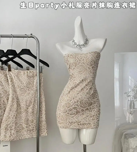 Summer 2024 Retro Beige Sequins Elegant Backless Birthday Party Short Dress Women Sexy Club Sleeveless Strapless Evening Dresses