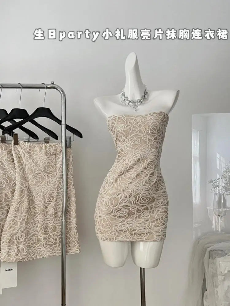 Summer 2024 Retro Beige Sequins Elegant Backless Birthday Party Short Dress Women Sexy Club Sleeveless Strapless Evening Dresses