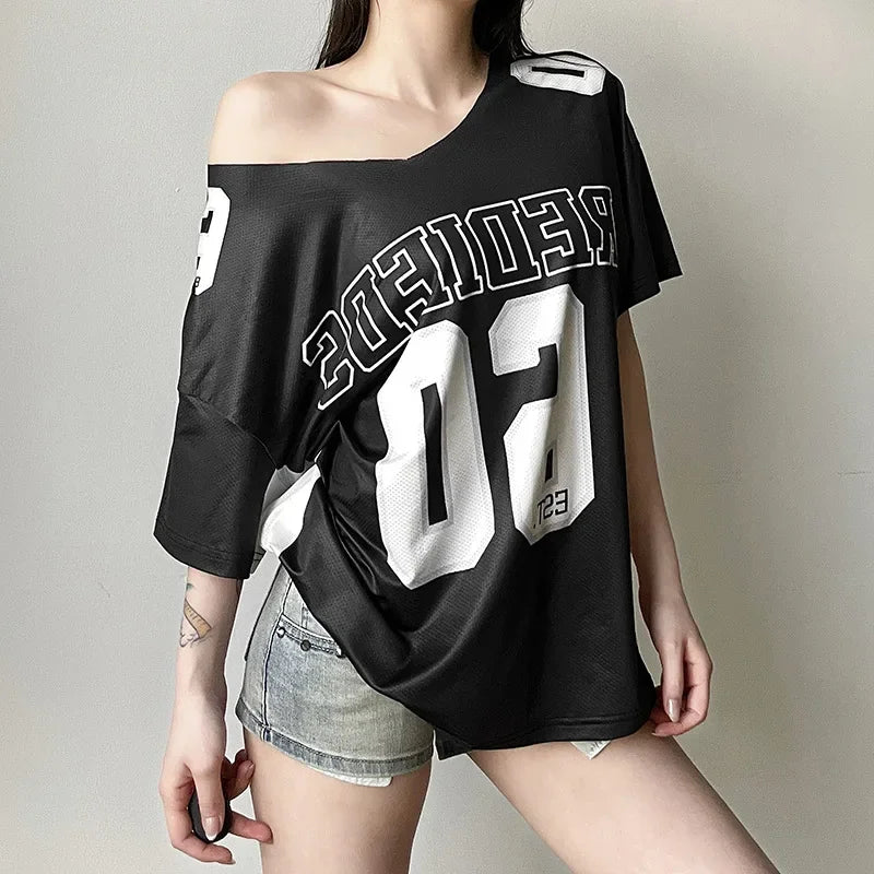 Y2k Aesthetic Summer Letter Printing T-shirts Harajuku Patchwork Loose Oversize Tops 2025 Women Harajuku Skew Collar Casual Tees