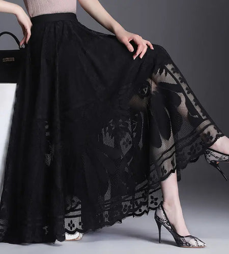 Lace Skirt Women's New A-word Long Skirt Big Swing Gauze Hollow Pleated Skirt