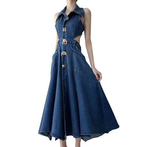 Load image into Gallery viewer, Hollow Out Denim Dress For Women Lapel Sleeveless High Waist Spliced Pockets Casual Dresses Female Clothes Fashion
