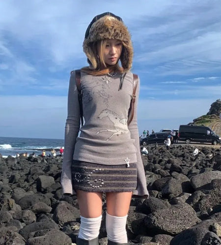 Japanese Y2k Knitted Tops Grunge Aesthetics Long Sleeve Ribbed Top Vintage Harajuku Graffiti Print T-shirt Trashy 2000s