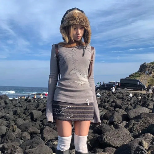 Japanese Y2k Knitted Tops Grunge Aesthetics Long Sleeve Ribbed Top Vintage Harajuku Graffiti Print T-shirt Trashy 2000s