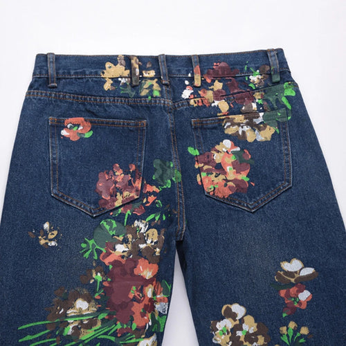 Load image into Gallery viewer, High Street Ink Splash Flower Pattern Veinge Denim Jeans Casual Raw Cut Long Pants Niche Design Trousers 9A1183
