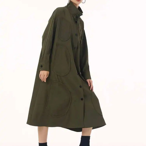 Load image into Gallery viewer, Women Army Green Patch Drawstring Big Size Midi Dress New Stand Collar Long Sleeve Fashion Tide Spring Autumn 2025 1DH9211
