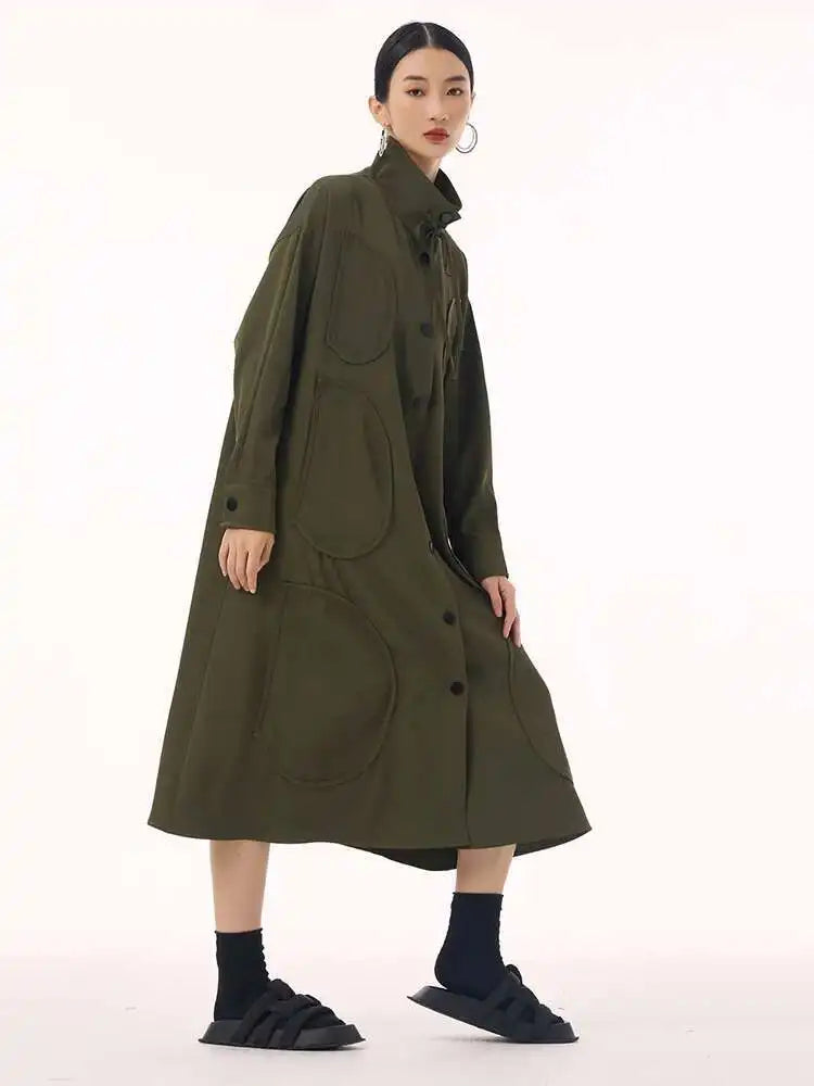 Women Army Green Patch Drawstring Big Size Midi Dress New Stand Collar Long Sleeve Fashion Tide Spring Autumn 2025 1DH9211