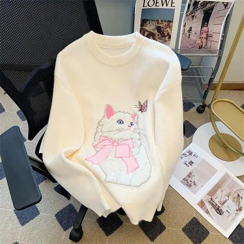 Load image into Gallery viewer, French Women's Print Cute Cat Pattern Long Sleeve Round Neck Sweater Autumn Winter Elegant Festival Knitted Thick Pullover Tops
