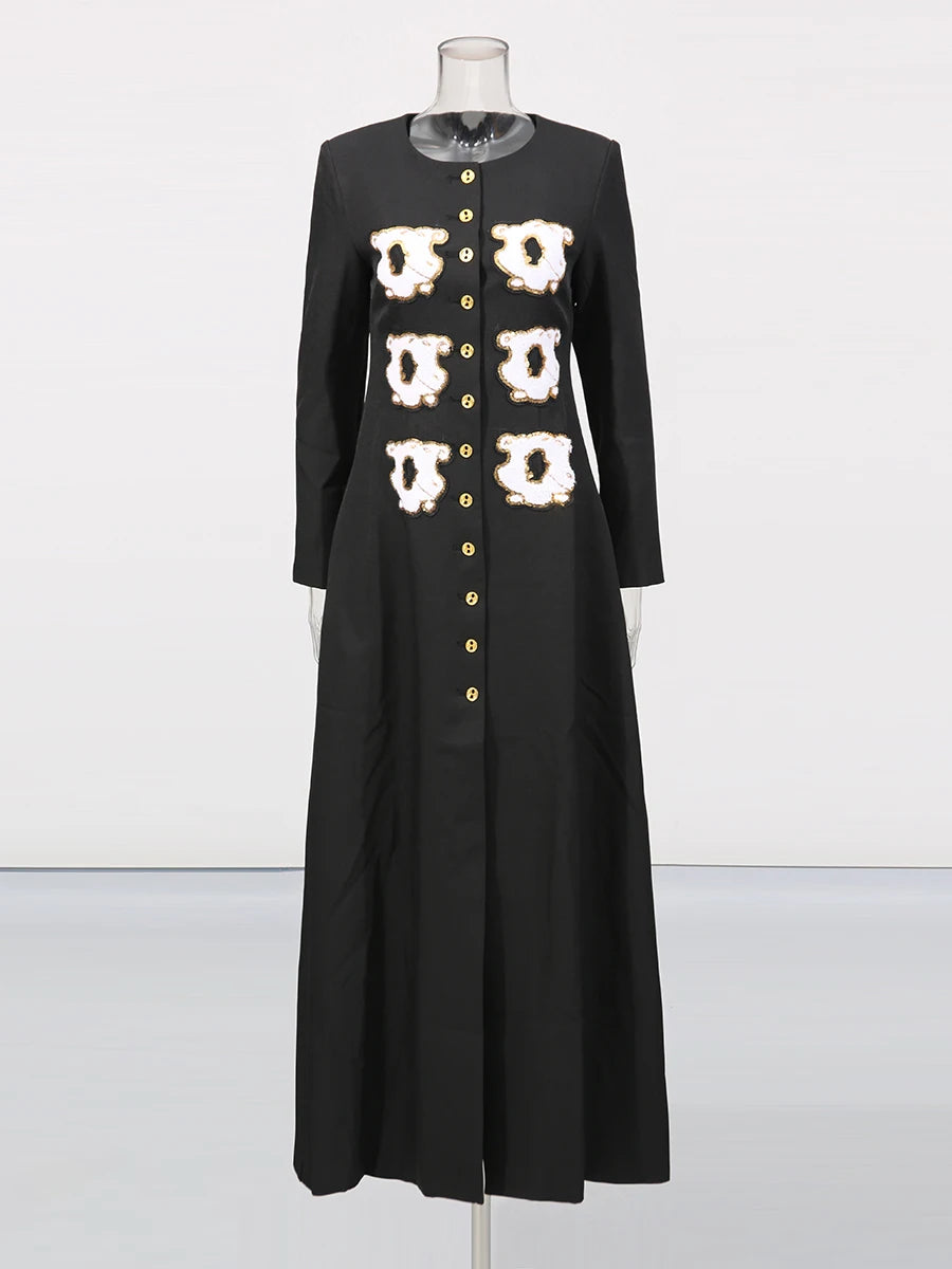 Personality Pattern Patchwork Long Coat Round Neck Long Sleeve Hit Color Elegnat Jacket Female Fashion