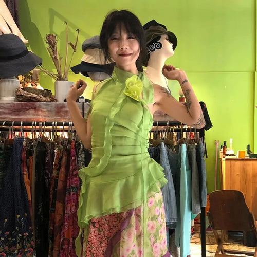 Japanese Y2k Halter Tops Cottagecore Aesthetics Chiffon Tank Top Vintage Harajuku Green Ruffled Sleeveless Tops 2000s