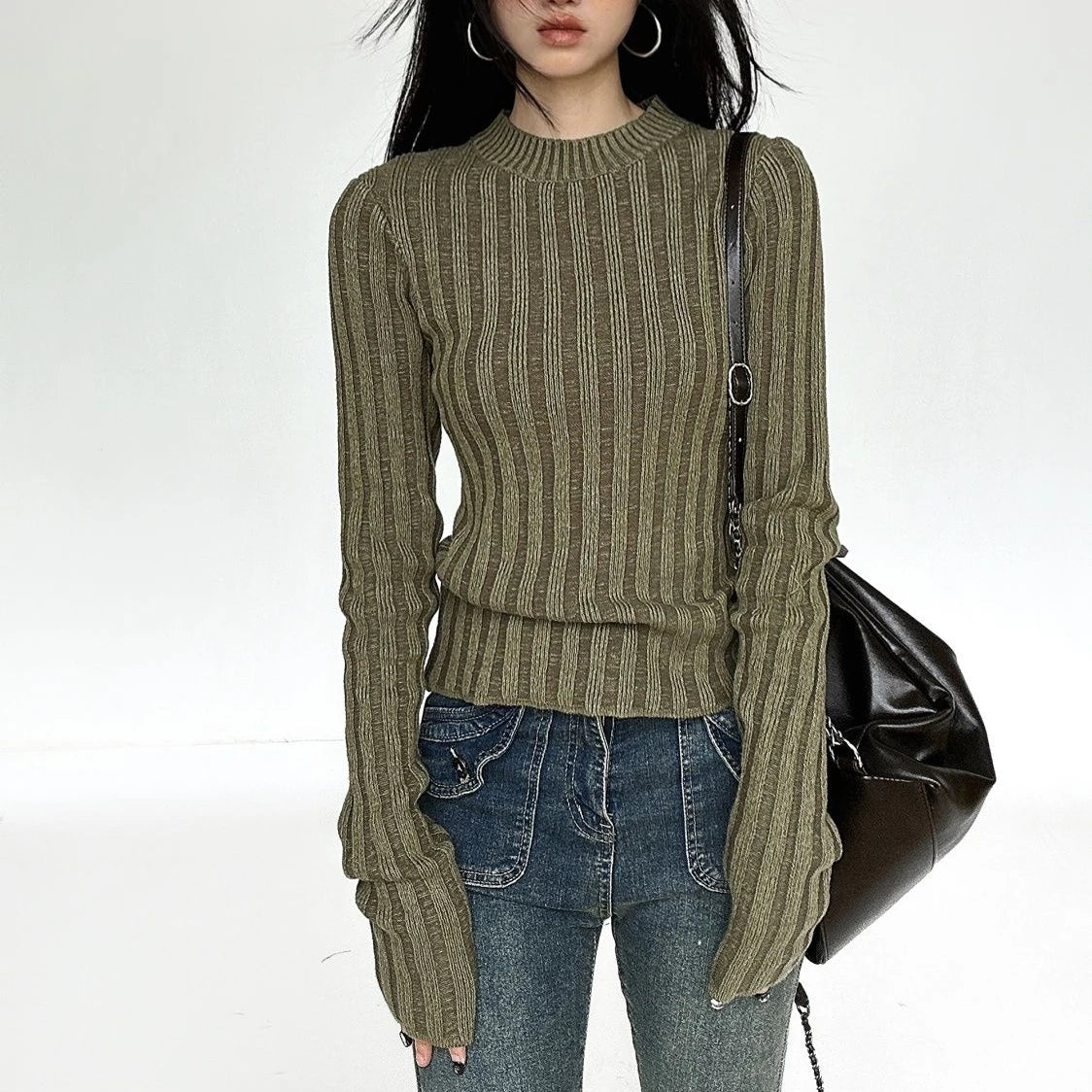 Women Y2k Aesthetic Slim Knitwear Sweet Sweaters 2025 Vintage Solid Streetwear Jumpers Screw Thread Grunge Harajuku Pullovers