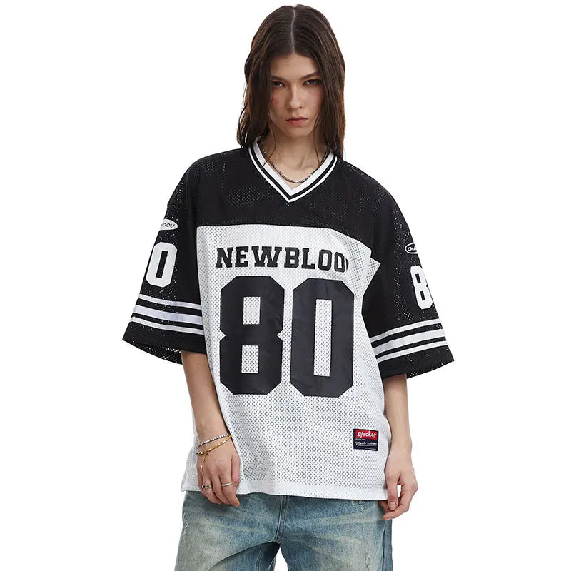 Vintage Mesh Jersey T-Shirt Y2K Graphic Printed Patchwork Sports V-Neck Tshirt Streetwear Hip Hop Harajuku Breathable Urban Top