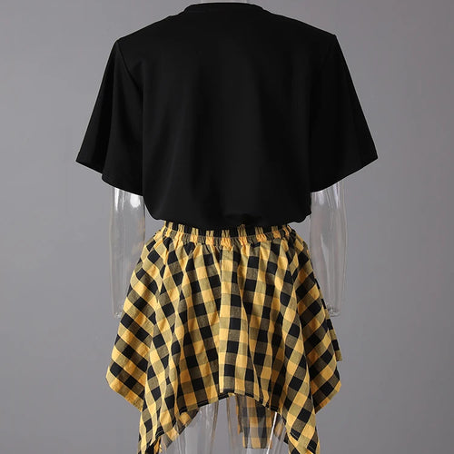 Load image into Gallery viewer, Black T-shirt Plaid Bandage Skirt Two Pieces Suit New Round Neck Short Sleeve Women Fashion Spring Summer 2025 CPG3159
