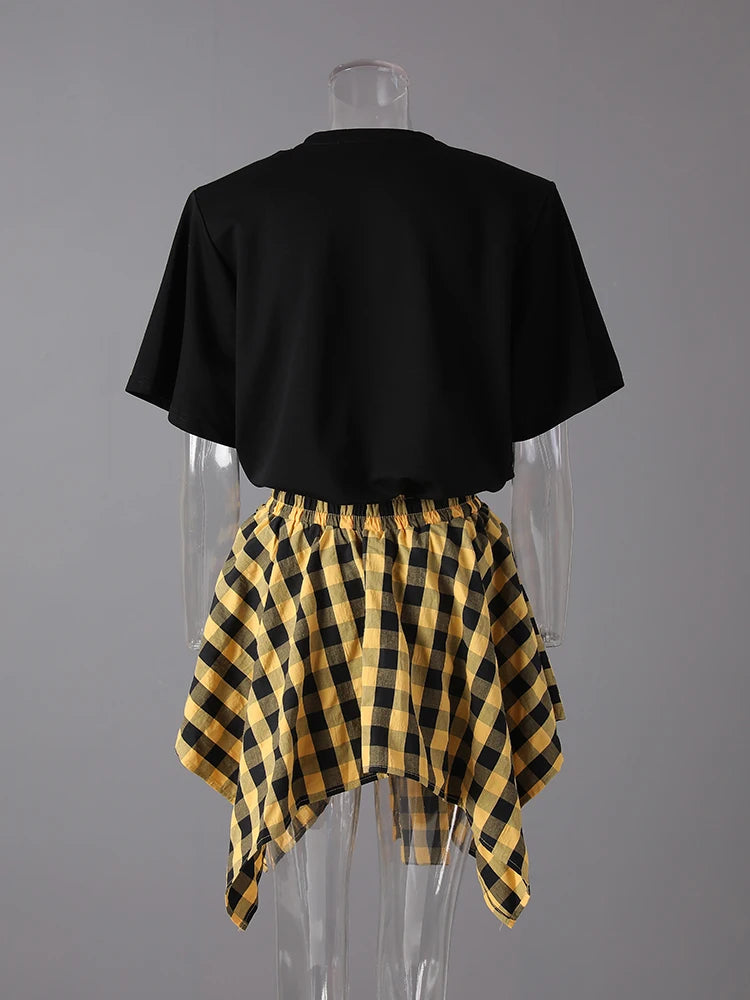 Black T-shirt Plaid Bandage Skirt Two Pieces Suit New Round Neck Short Sleeve Women Fashion Spring Summer 2025 CPG3159