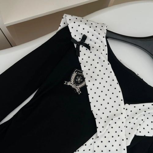 Load image into Gallery viewer, Vintage Women Autumn Sweet Black Dot Patchwork Long Sleeved Short Dress French Elegant College Style Ruffles Fashion Mini Dress
