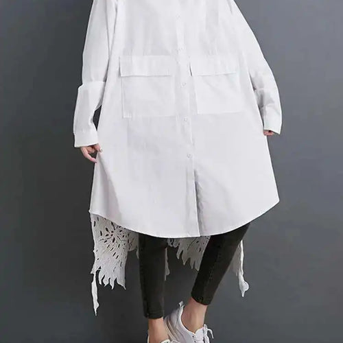 Load image into Gallery viewer, Women Black Back Lace Big Size Long Blouse New Stand Collar Long Sleeve Shirt Fashion Tide Spring Autumn 2025 1DH5873
