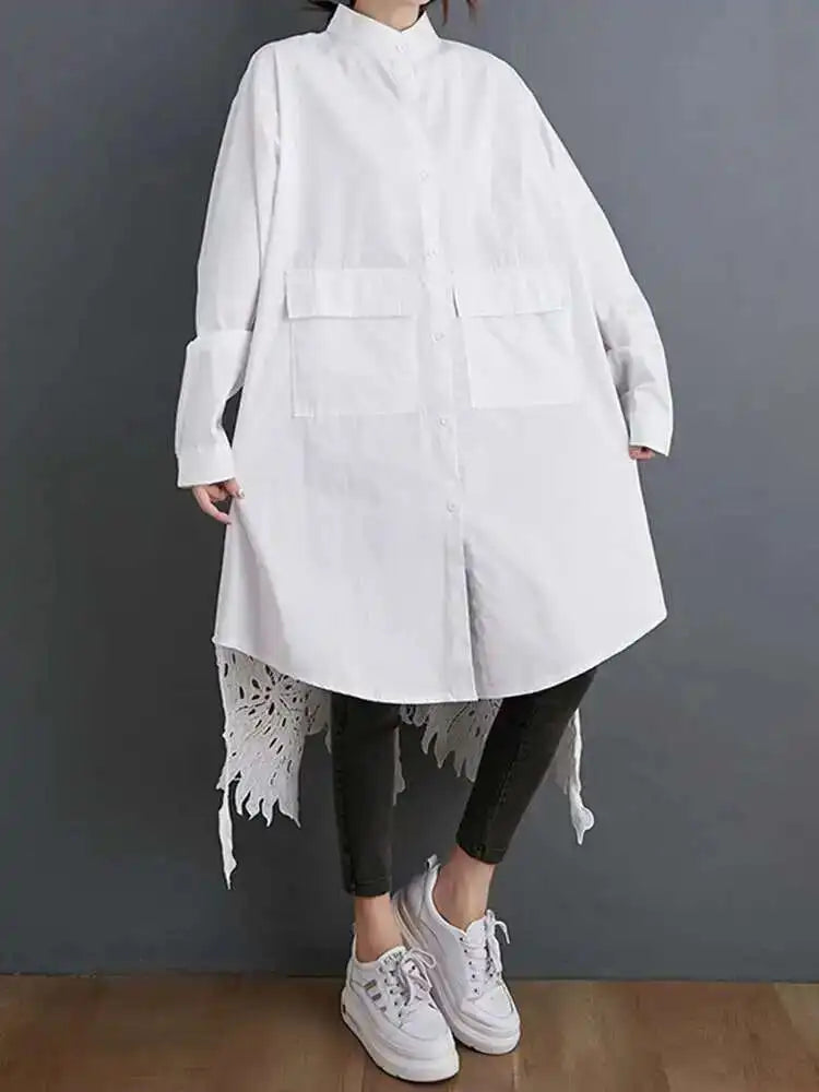 Women Black Back Lace Big Size Long Blouse New Stand Collar Long Sleeve Shirt Fashion Tide Spring Autumn 2025 1DH5873