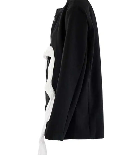 Women Black Ribbon Color-block Big Size Blazer New Stand Collar Long Sleeve Jacket Fashion Tide Spring Autumn 2025 CPG2037