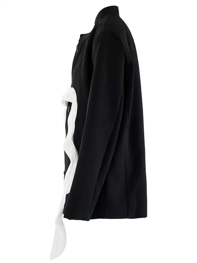 Women Black Ribbon Color-block Big Size Blazer New Stand Collar Long Sleeve Jacket Fashion Tide Spring Autumn 2025 CPG2037