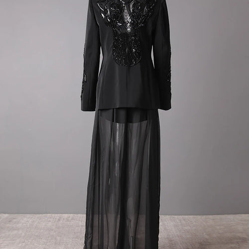 Load image into Gallery viewer, Big Size Sequins Blazer Mesh Long Pants Two Piece Suit New Lapel Long Sleeve Women Fashion Tide Spring Autumn 2025 35Z1664
