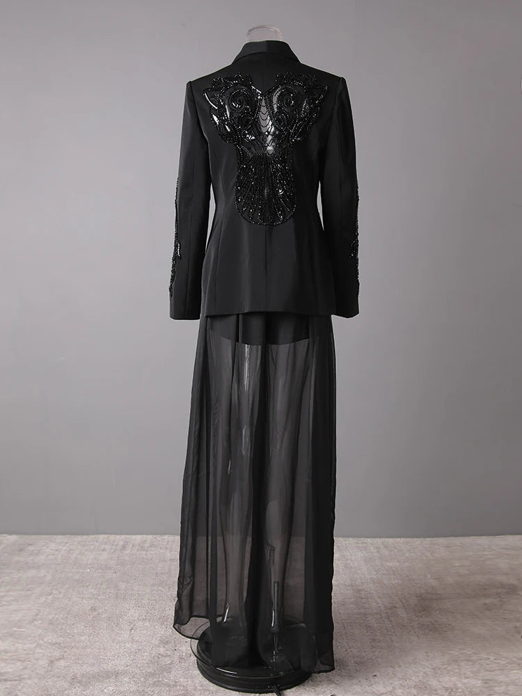 Big Size Sequins Blazer Mesh Long Pants Two Piece Suit New Lapel Long Sleeve Women Fashion Tide Spring Autumn 2025 35Z1664