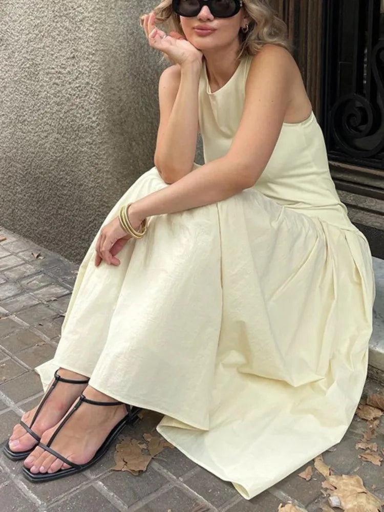 Patchwork Sleeveless Maxi Dress For Women Autumn New Casual Solid O Neck Loose A-line Long Tank Dress Elegant Fashion