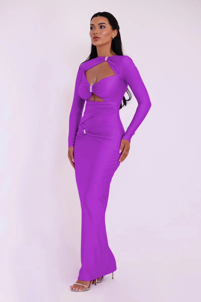 Elegant Hollow Out Long Sleeve Sexy Maxi Dress For Women Solid Color Slim Fit Cut Out Club Party Long Dress New
