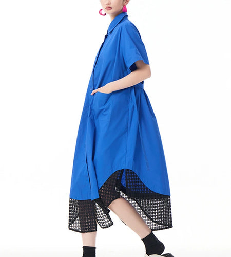 Women Blue Mesh Color-block Big Size Midi Shirt Dress New Lapel Short Sleeve Fashion Tide Spring Summer 2025 1DJ0932