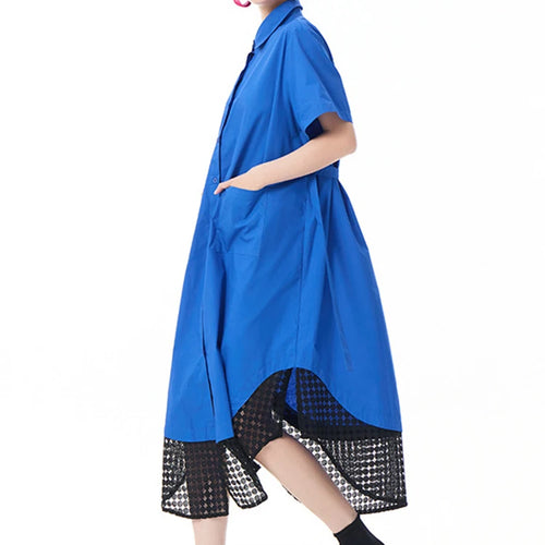 Load image into Gallery viewer, Women Blue Mesh Color-block Big Size Midi Shirt Dress New Lapel Short Sleeve Fashion Tide Spring Summer 2025 1DJ0932
