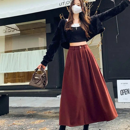 Load image into Gallery viewer, Vintage Black Red Elegant High Waist Woolen Long Skirt Women 2024 Autumn Winter Grey Vacation Party A Line Pleated Skirt Popular
