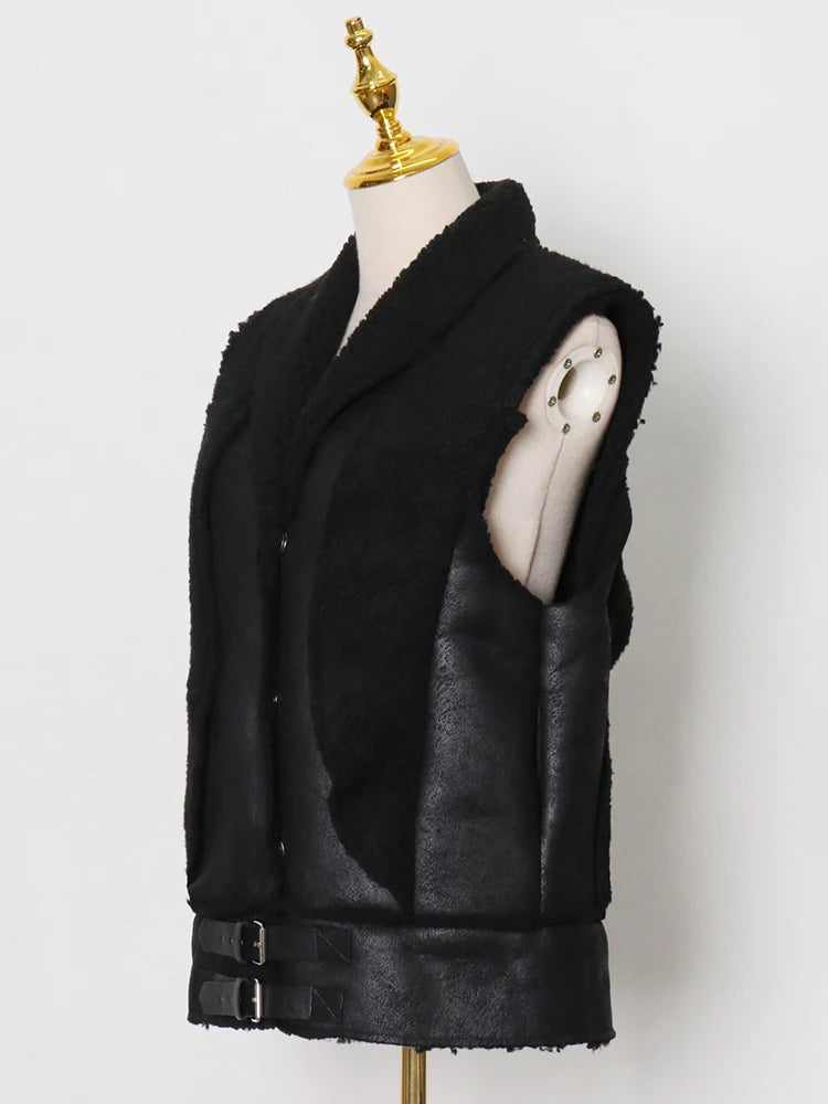 Solid Spliced Leather Waistcoat For Women Lapel Sleeveless Patchwork Belt Streetwear Lambswool Coats Female Fashion