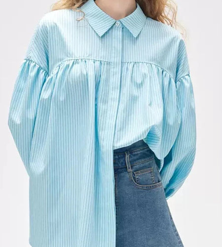 Striped Spliced Single Breasted Casual Shirts For Women Lapel Lantern Sleeve Loose Blouse Female Fashion Clothes
