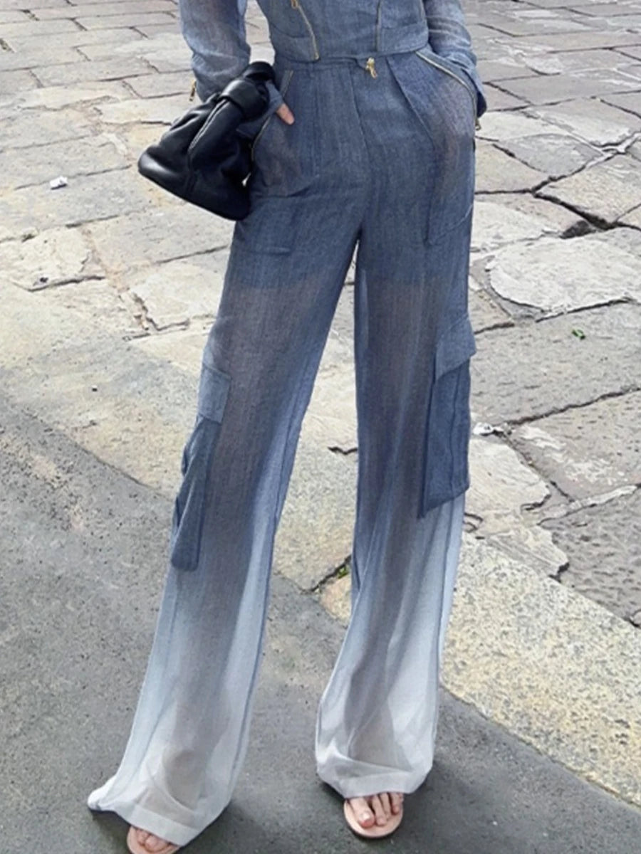 Slimming Sheer Two Piece Sets for Women Lapel Long Sleeves Spliced Zippers Top High Waist Pant Set Female Clothing