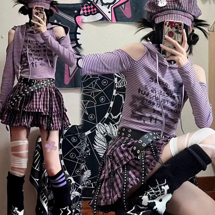 Japanese Y2k Rabbit Hooded Striped T-shirt Vintage Hollow Out  Aesthetic Off Shoulder Grunge Streetwear Punk  Emo