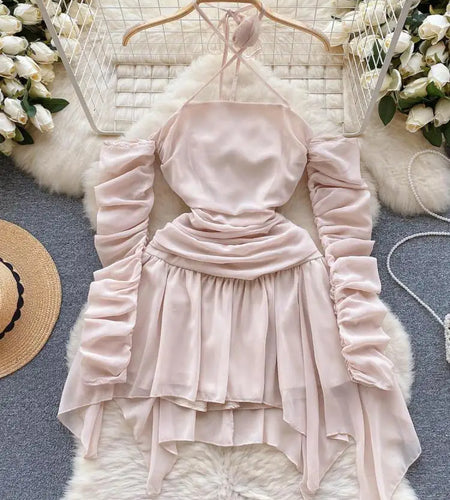 Autumn Pink Halter Bandage Mini Dress Women Sexy Club Temperament New Off Shoulder Korean Fashion Irregular Pleated Short Dress