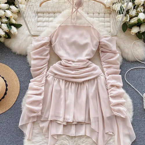Load image into Gallery viewer, Autumn Pink Halter Bandage Mini Dress Women Sexy Club Temperament New Off Shoulder Korean Fashion Irregular Pleated Short Dress
