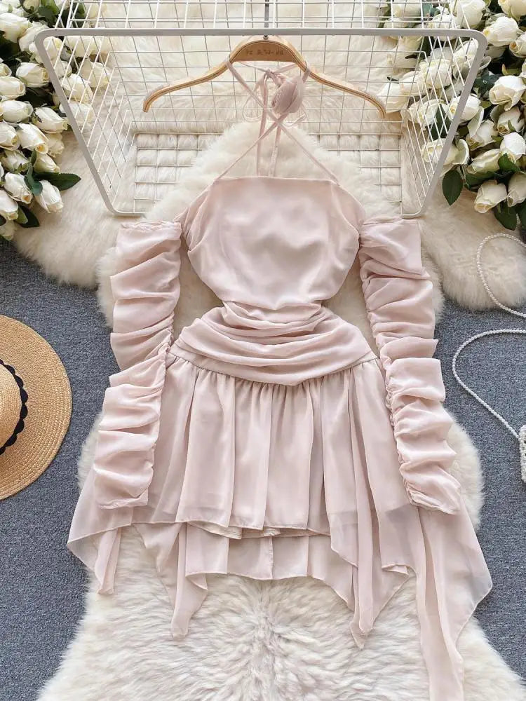 Autumn Pink Halter Bandage Mini Dress Women Sexy Club Temperament New Off Shoulder Korean Fashion Irregular Pleated Short Dress