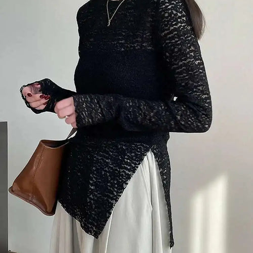 Load image into Gallery viewer, Women White Lace Perspective Side Slit Elegant T-shirt New Round Neck Long Sleeve Fashion Spring Autumn 2025 1DH9845
