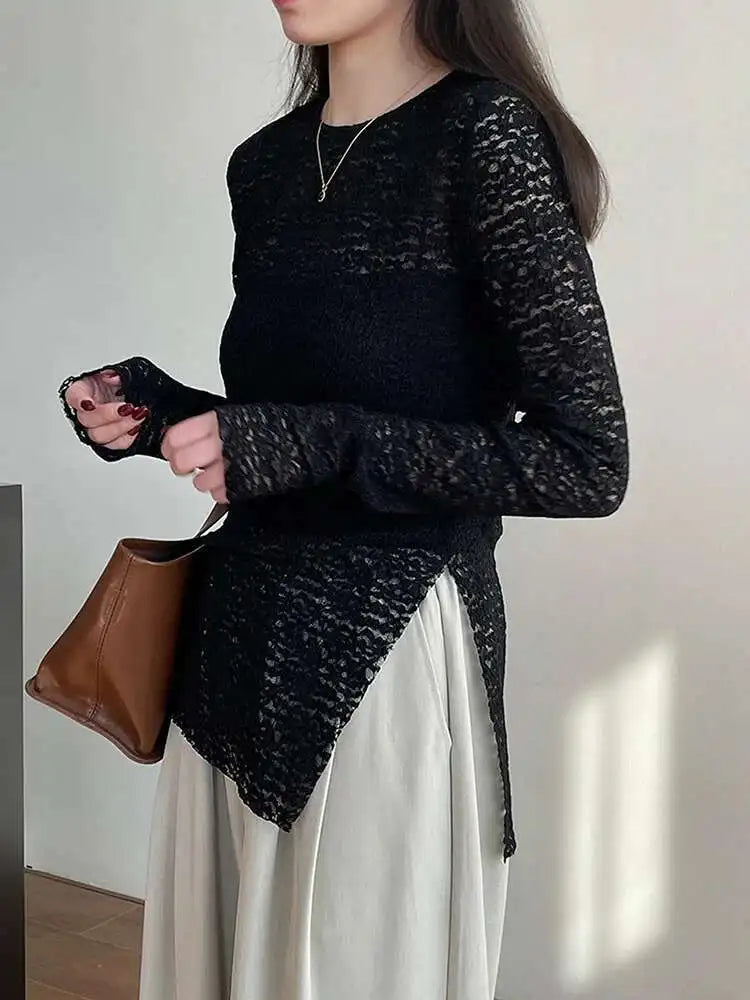 Women White Lace Perspective Side Slit Elegant T-shirt New Round Neck Long Sleeve Fashion Spring Autumn 2025 1DH9845