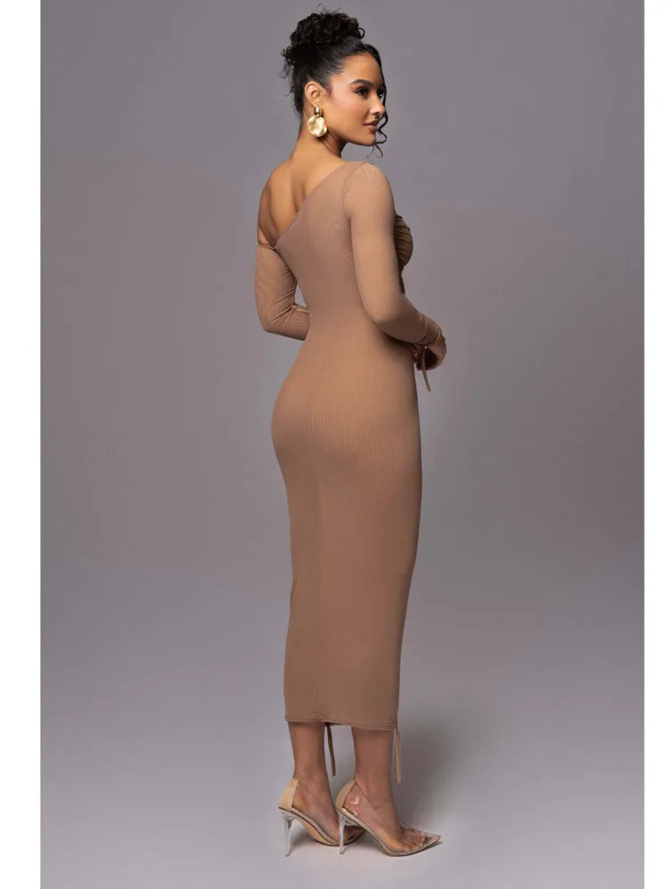 Elegant Long Sleeved Mesh Patchwork Dress For Women Elastic Tight Double Layered Vestidos Sheath Party Evening Dress2024